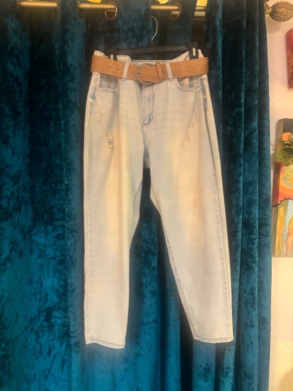 Time and Tru Light Blue High-Waist Jeans with Tan Stitching